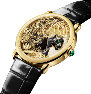 Métiers d'Art jewellery watch 36 mm, manual movement, yellow gold, lacquer, mother-of-pearl, emeralds, diamonds, leather
