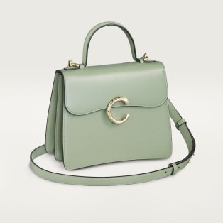 Small model handle bag, Panthère C de Cartier Sage green calfskin, golden finish