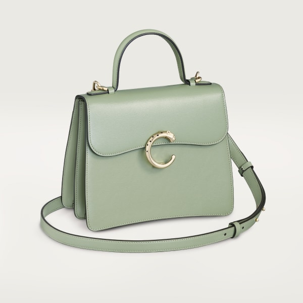 Small model handle bag, Panthère C de Cartier Sage green calfskin, golden finish