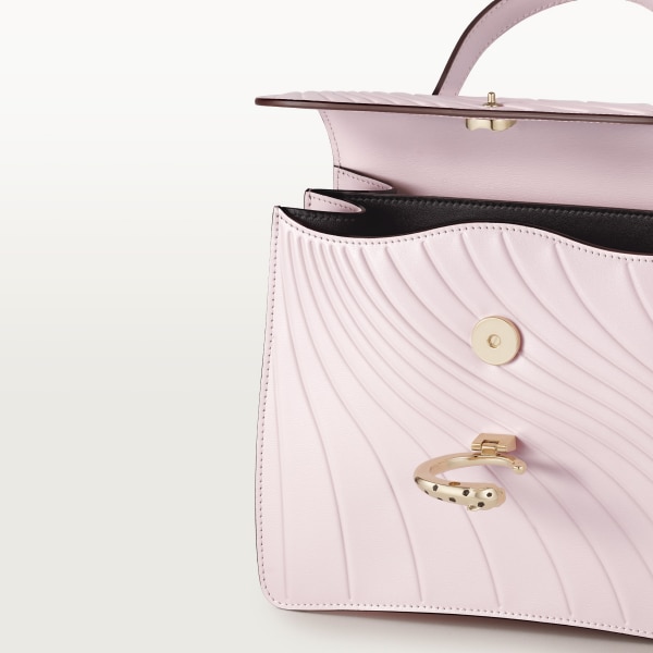 Top handle bag small model, Panthère de Cartier Petal pink calfskin, embossed Cartier signature motif, golden finish