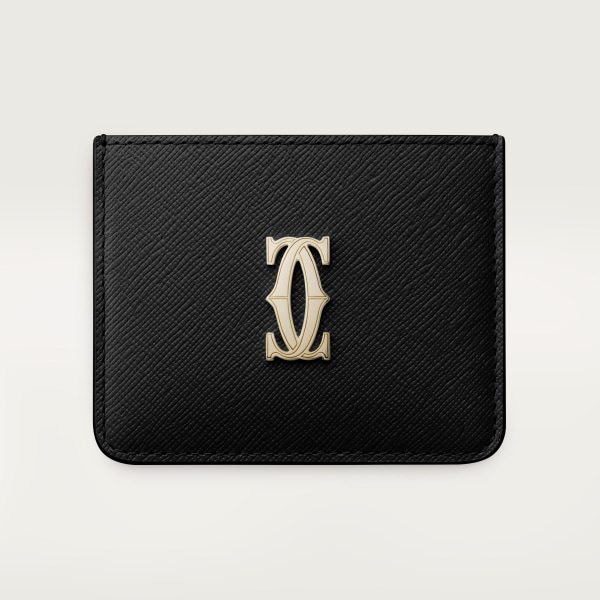 Simple card holder, C de Cartier Black textured calfskin, golden finish