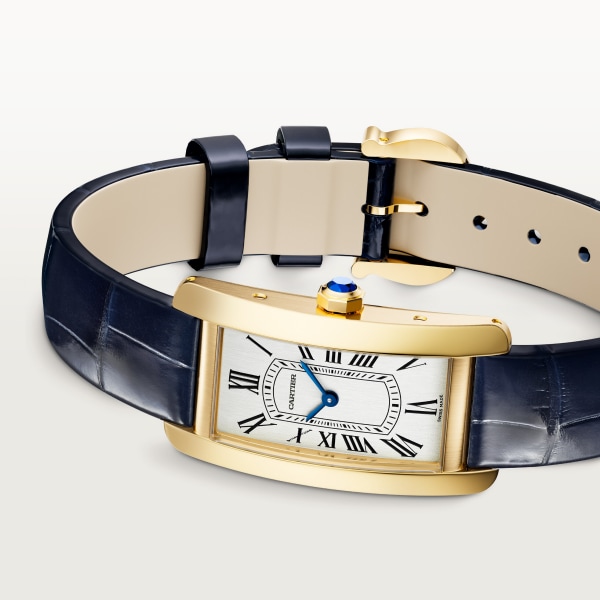 Tank Américaine watch Small model, quartz movement, yellow gold, leather