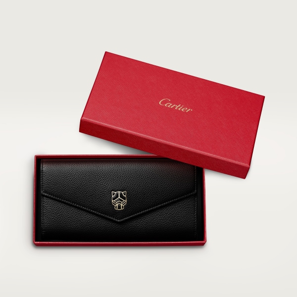 International wallet with flap, Panthère de Cartier Black calfskin, golden finish and black enamel