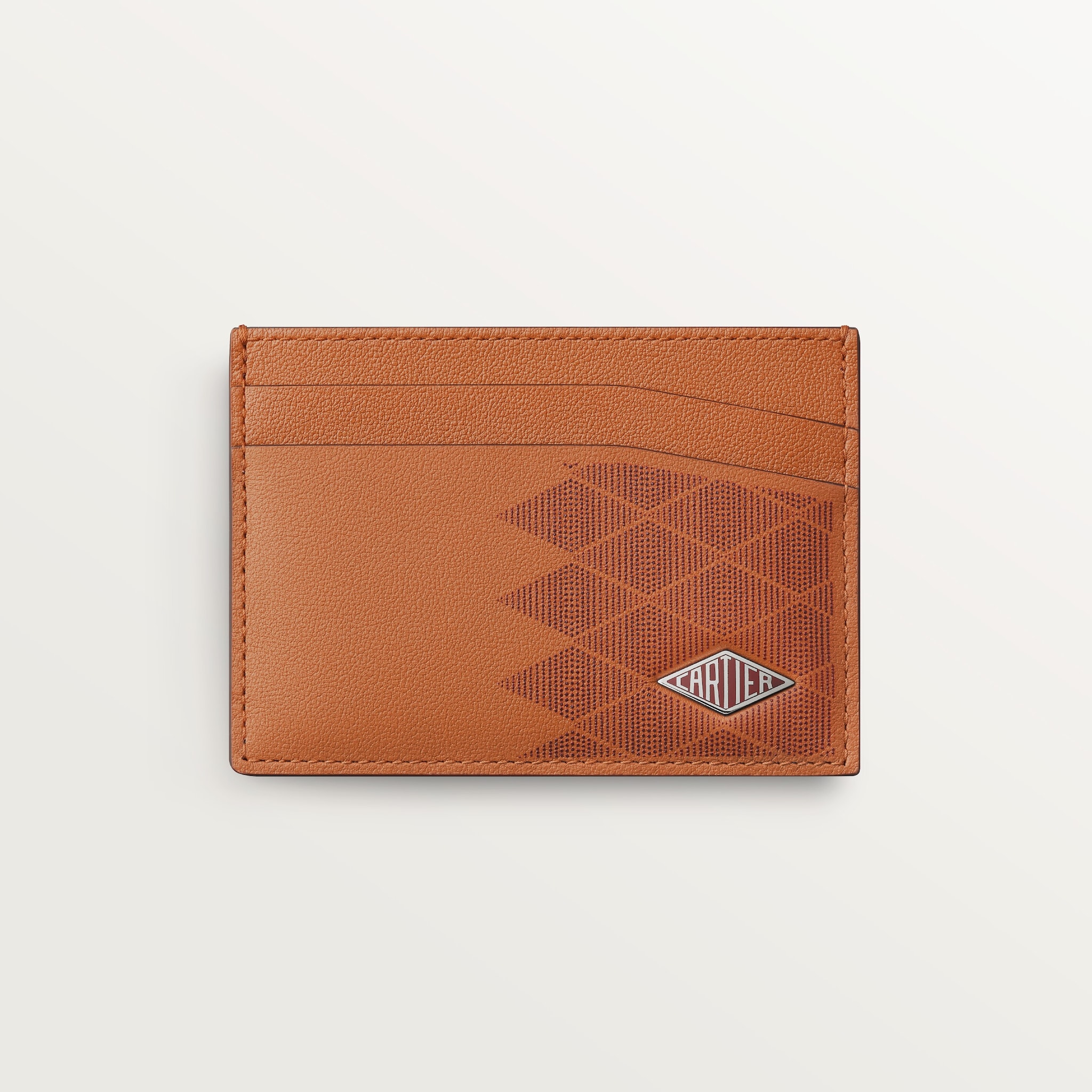 Double card holder, Cartier LosangeCaramel-coloured and burgundy calfskin with diamond dots print, palladium finish and burgundy enamel
