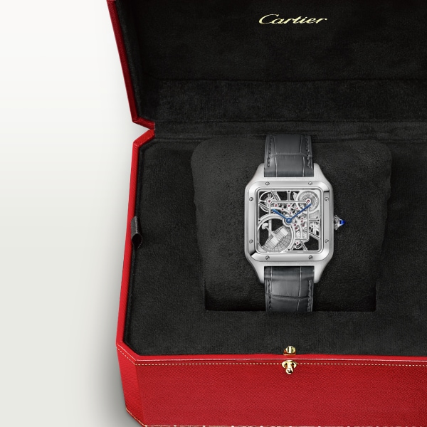 Santos-Dumont skeleton watch equipped with a micro-rotor Large model, automatic mechanical skeleton movement, steel, leather