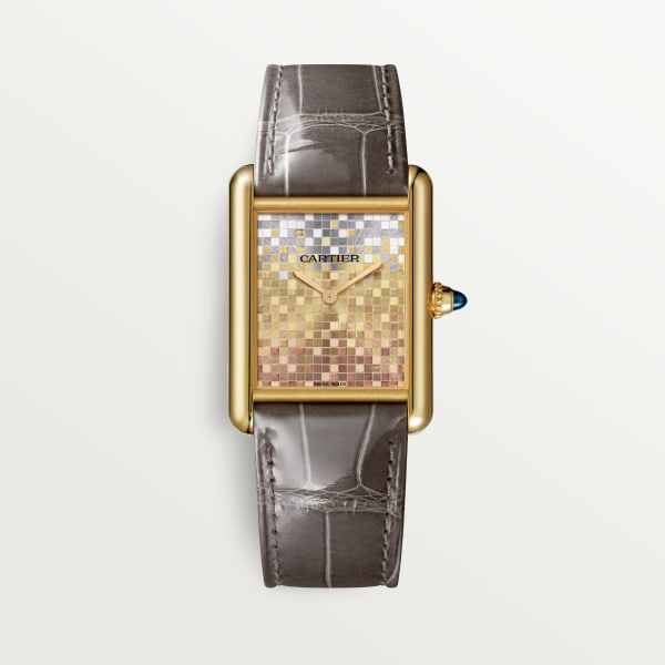 Tank Louis Cartier watch Large model, hand-wound mechanical movement, yellow gold, leather