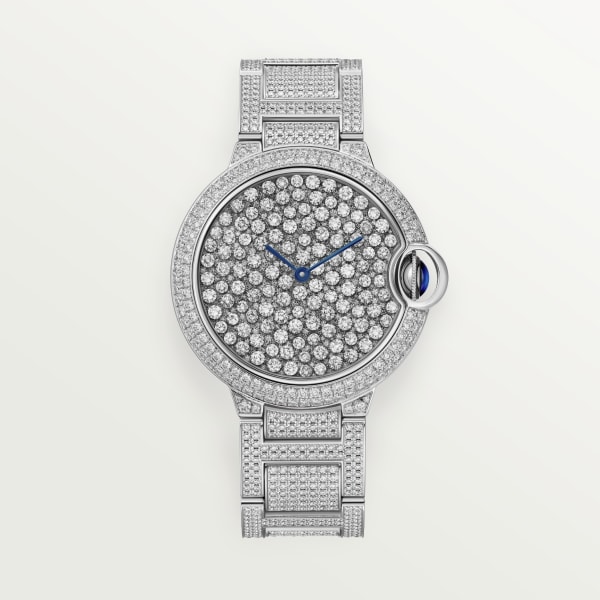 Ballon Bleu de Cartier watch 37 mm, automatic mechanical movement, white gold, diamonds, metal bracelet