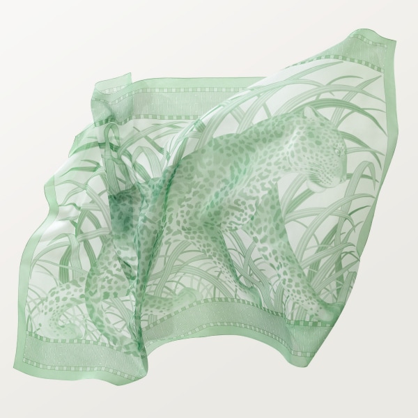 Rectangular scarf, Panther in the Jungle  Sage green cotton and silk twill