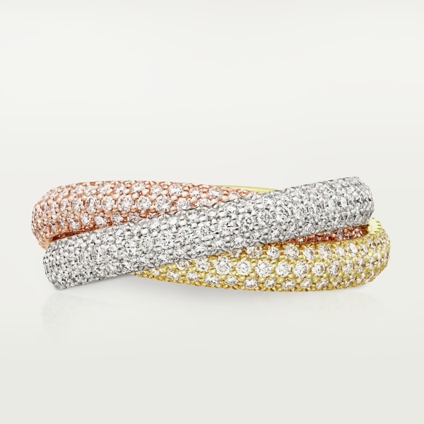 Trinity ring, classic model, paved White gold, yellow gold, rose gold, diamonds