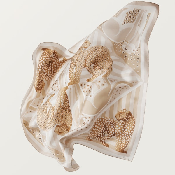 90 scarf, Panthère Illusion Cord beige silk twill