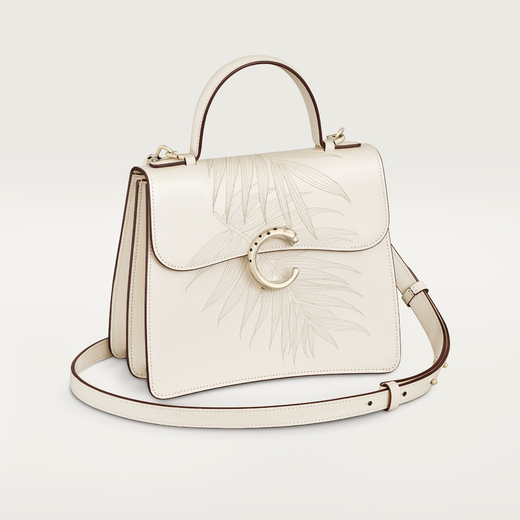 Small model handle bag, Panthère C de CartierSalt white grained calfskin with jungle embroidery, golden finish