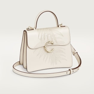 Small model handle bag, Panthère C de Cartier Salt white grained calfskin with jungle embroidery, golden finish