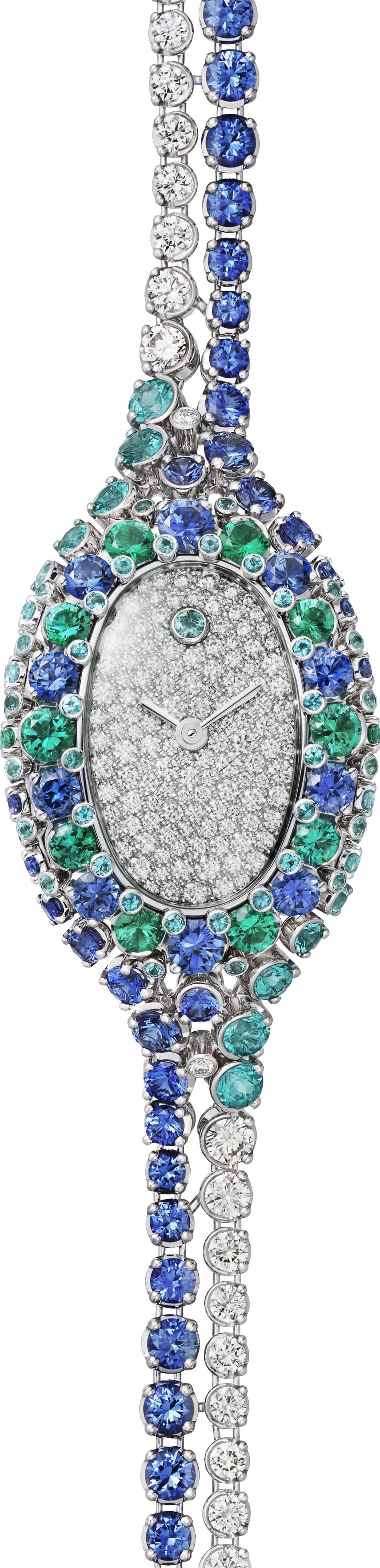 Baignoire珠宝腕表迷你表款，石英机芯，白金，钻石，蓝宝石，祖母绿，蓝色碧玺
