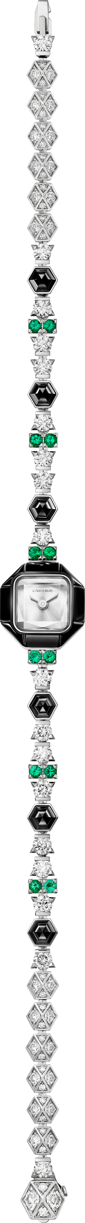 Jewellery watchQuartz movement, white gold, diamonds, onyx, emeralds