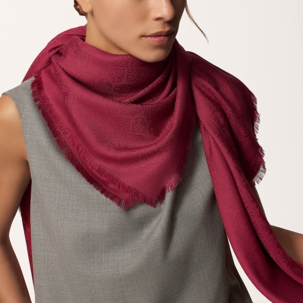 Shawl, Panthère Graphique Burgundy cashmere, wool and silk