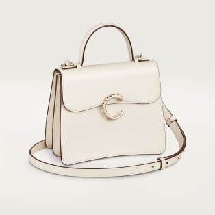 Small model handle bag, Panthère C de Cartier Salt white calfskin, golden finish