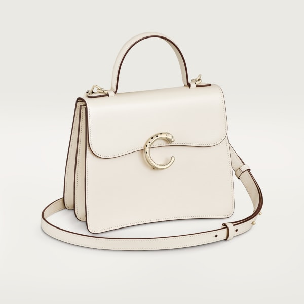 Small model handle bag, Panthère C de Cartier Salt white calfskin, golden finish