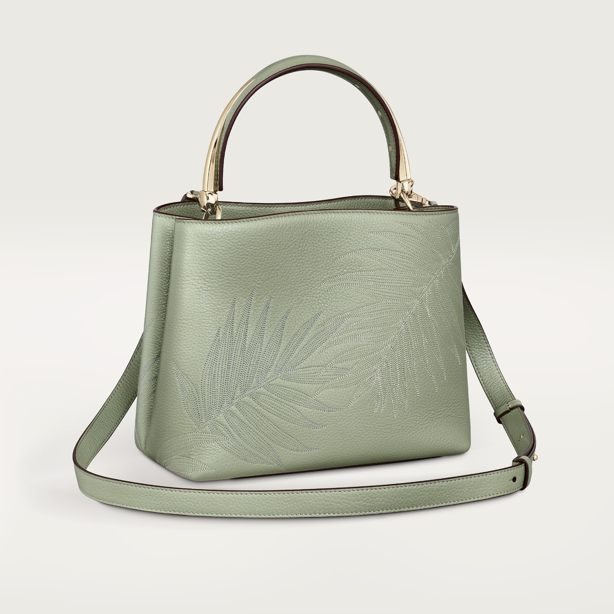 Small model handle bag, Panthère de CartierSage green calfskin and jungle embroidery, golden finish