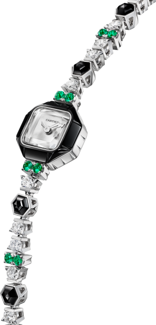 Jewellery watch Quartz movement, white gold, diamonds, onyx, emeralds