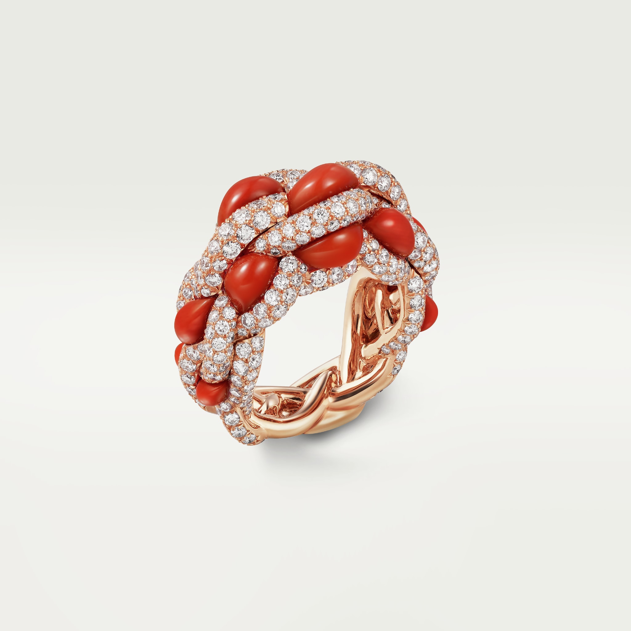 Tressage戒指玫瑰金，珊瑚，钻石