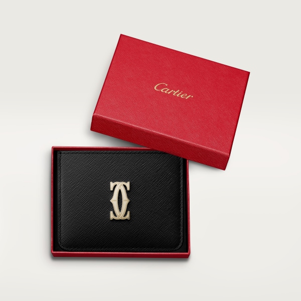 Simple card holder, C de Cartier Black textured calfskin, golden finish