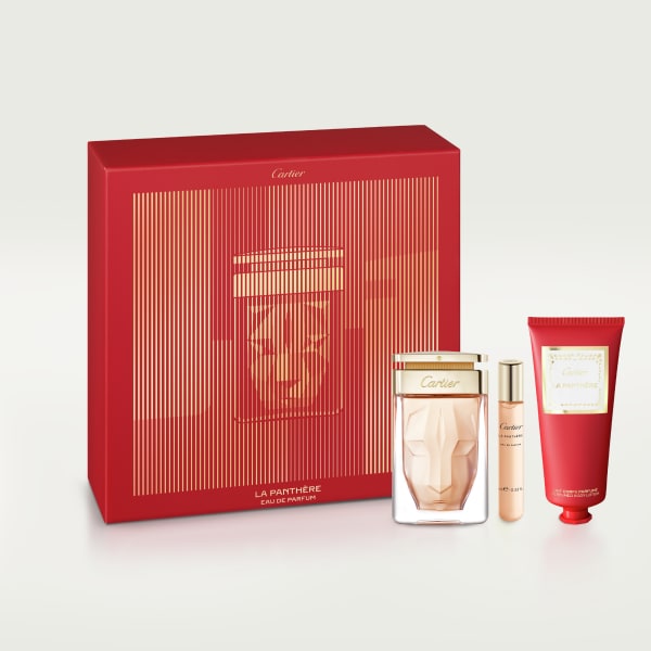 La Panthère Gift Set with 75 ml Eau de Parfum, 10 ml Purse Spray and 100 ml Perfumed Body Lotion. Gift set