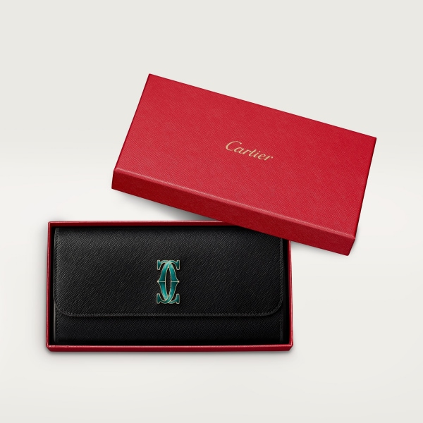 C de Cartier系列翻盖通用型皮夹 黑色纹理质感小牛皮，镀金饰面和渐变绿色珐琅