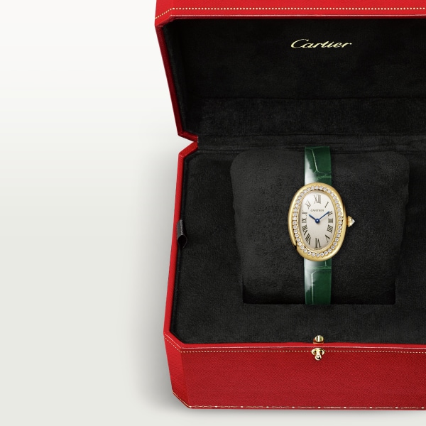 Baignoire watch Small model, quartz movement, yellow gold, diamonds, leather