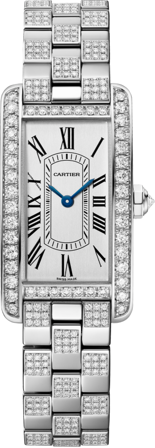 Tank Américaine watch Small model, quartz movement - high autonomy, white gold, diamonds