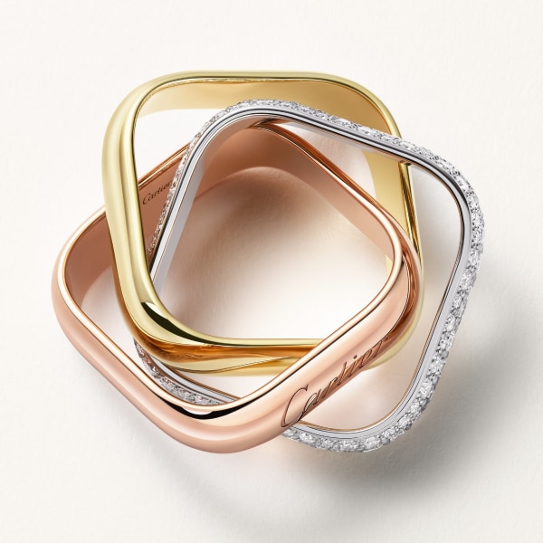 Trinity cushion ring, large model, semi-paved White gold, yellow gold, rose gold, diamonds