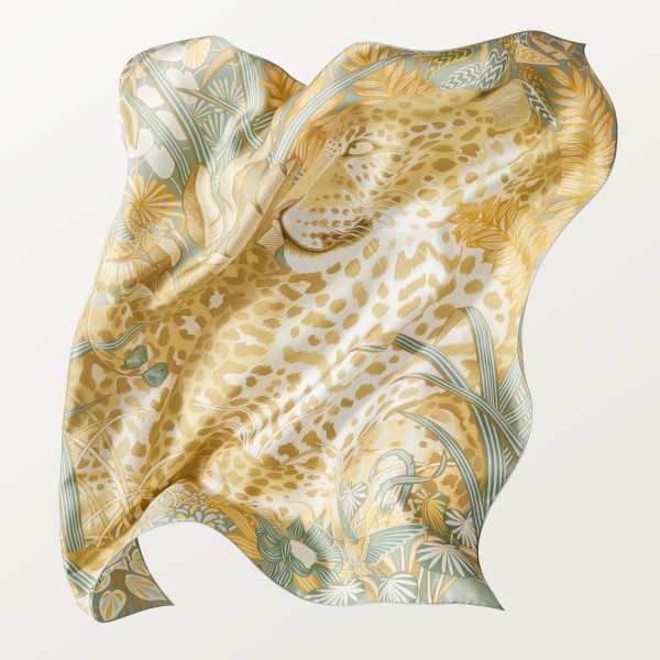 90 Scarf, Panther in the Jungle Sage green & mimosa yellow silk twill