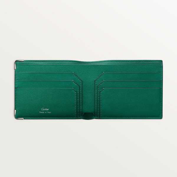 Six-credit card compact wallet, Must de Cartier XL Logo smooth green calfskin, palladium finish