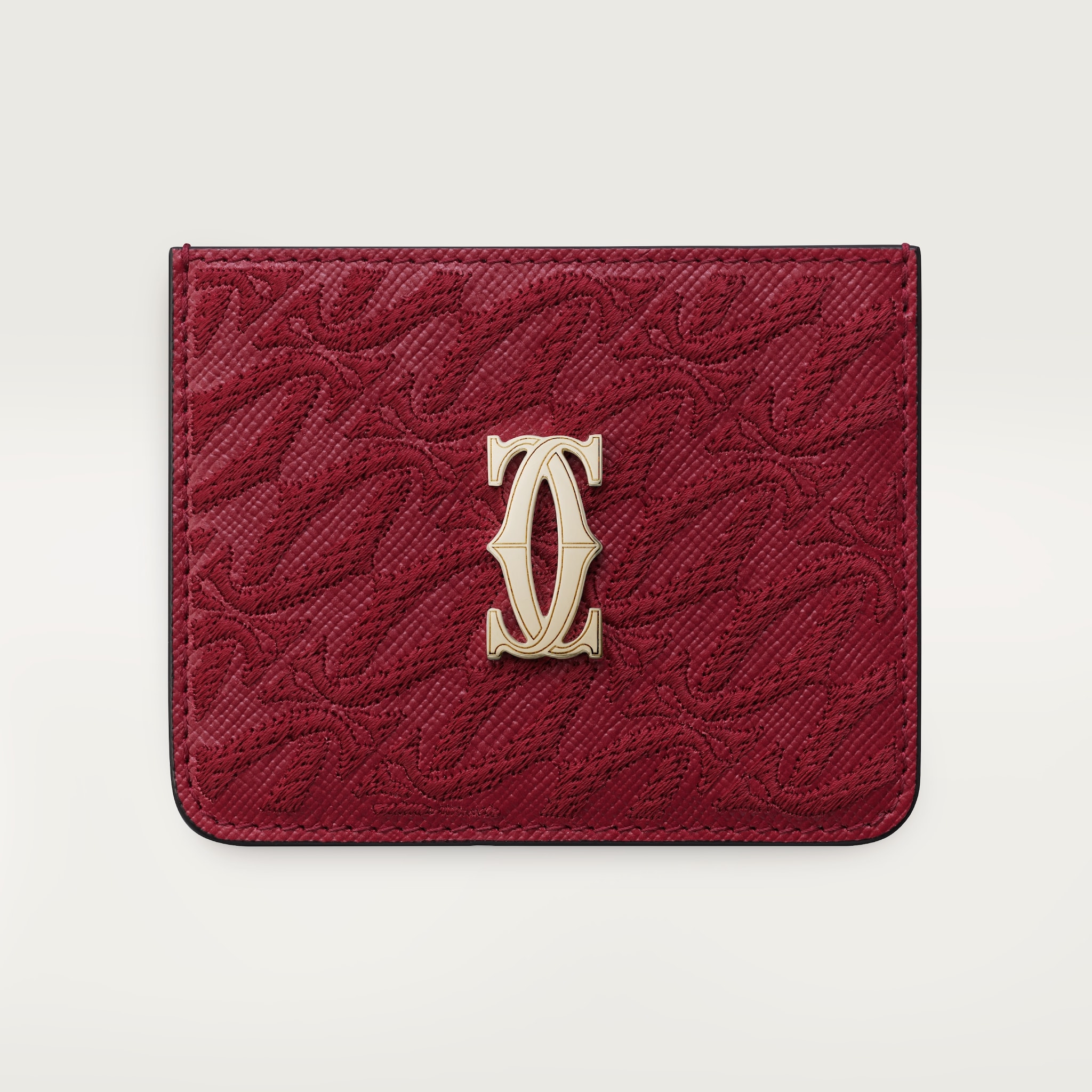 Simple Card Holder, C de CartierCherry red textured calfskin, embroidery, golden finish