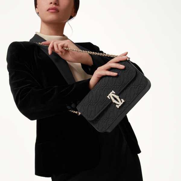 Mini chain bag, C de Cartier Embroidery and black calfskin, golden finish