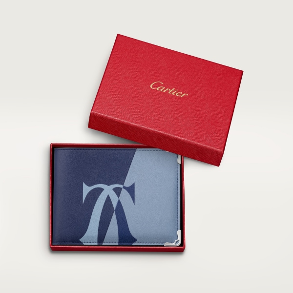 Six-credit card compact wallet, Must de Cartier Deep blue and cloud grey smooth calfskin, palladium finish