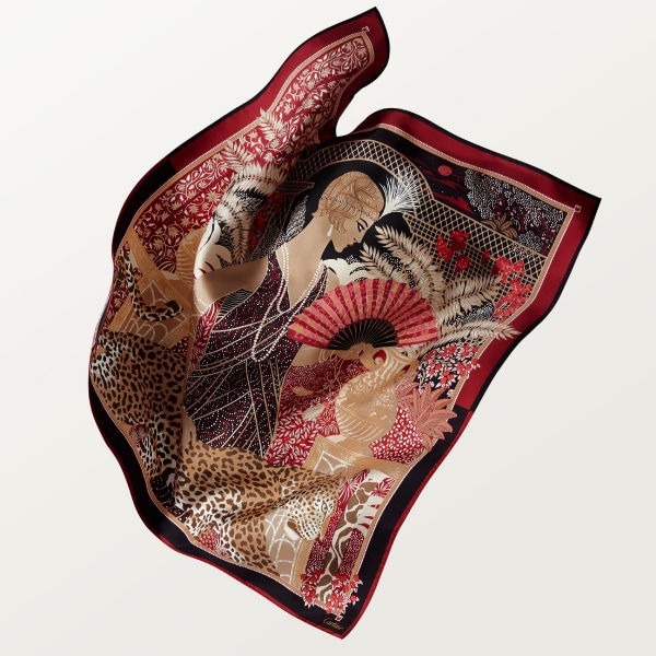 90 scarf, Woman with a Panther Red silk twill 