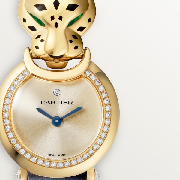 La Panthère de Cartier Watch Small model, quartz movement, yellow gold, diamonds, tsavorites, lacquer, leather
