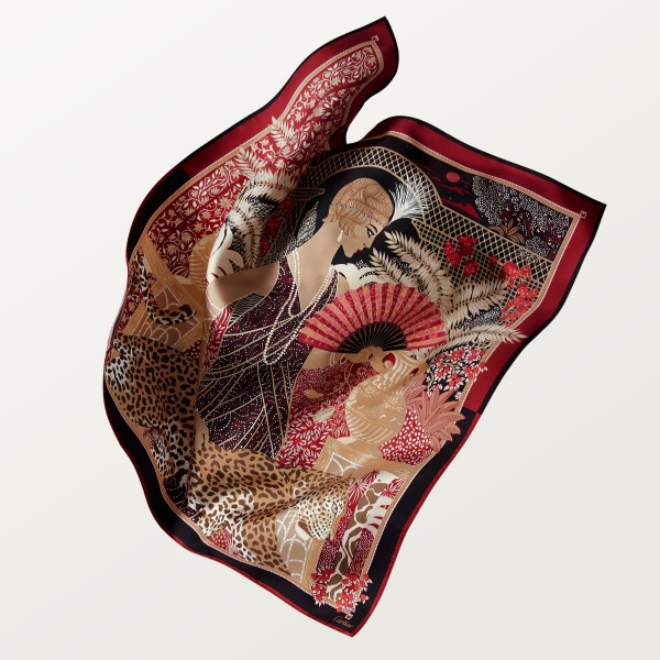 90 scarf, Woman with a Panther Red silk twill 