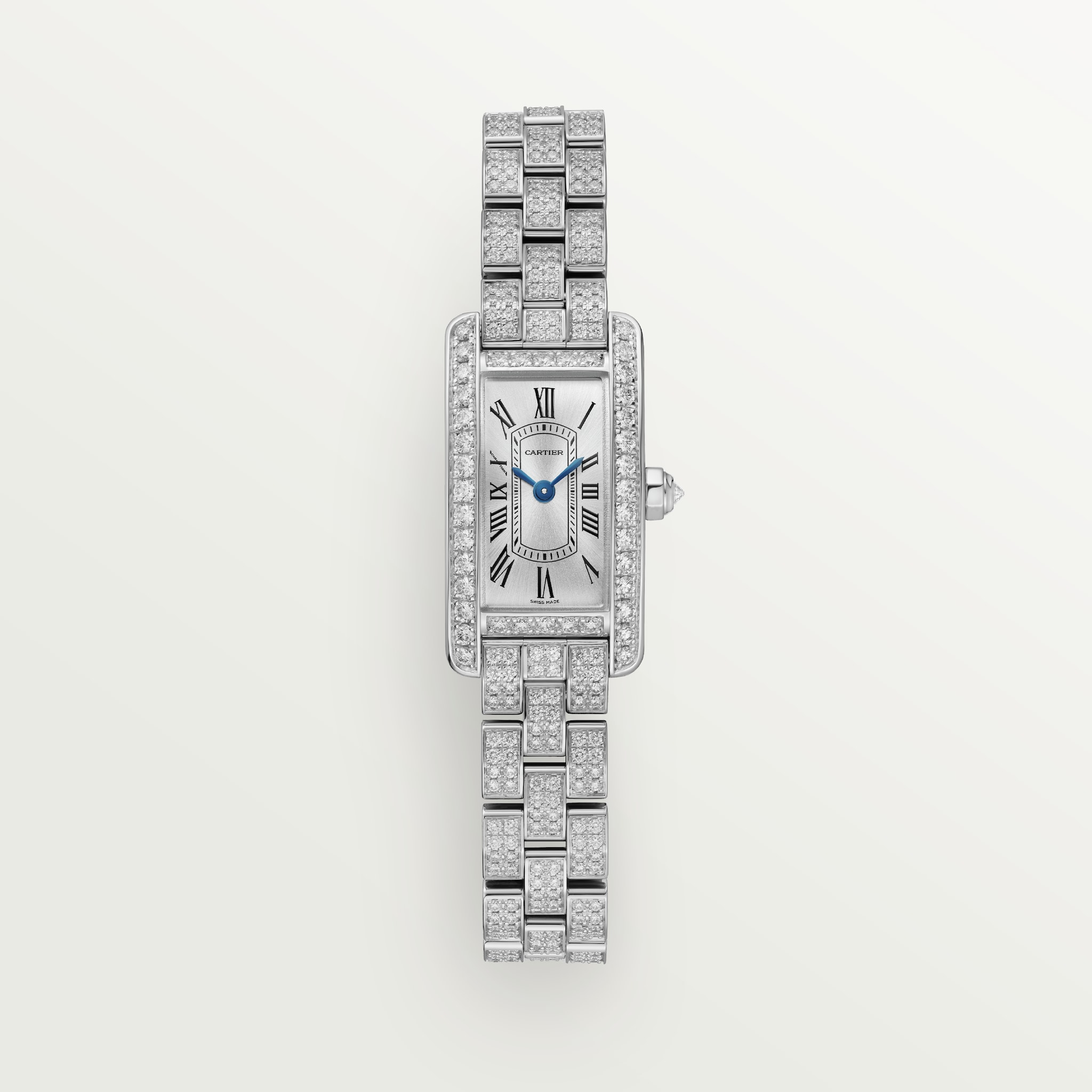 Tank Américaine watchMini model, quartz movement, white gold, diamonds