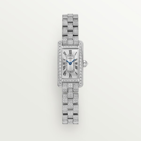 Tank Américaine watch Mini model, quartz movement, white gold, diamonds