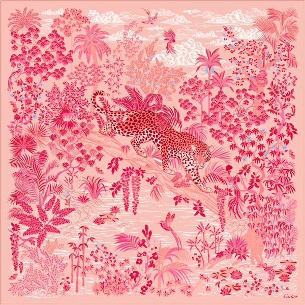 Panthère Faune and Flora 90 scarf Pink silk twill