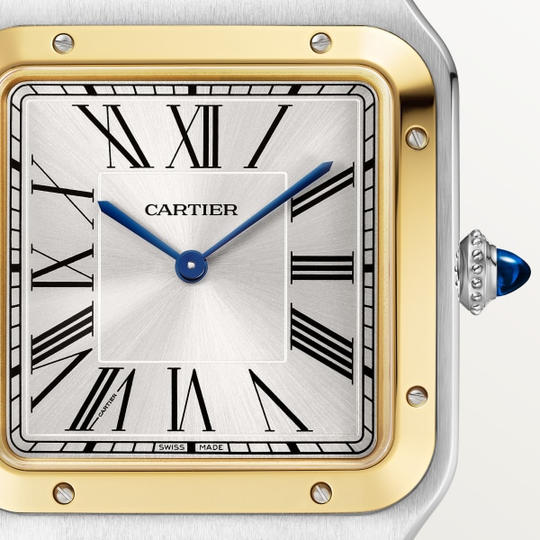 Santos-Dumont watch Extra-large model, manual mechanical movement, yellow gold, steel, leather
