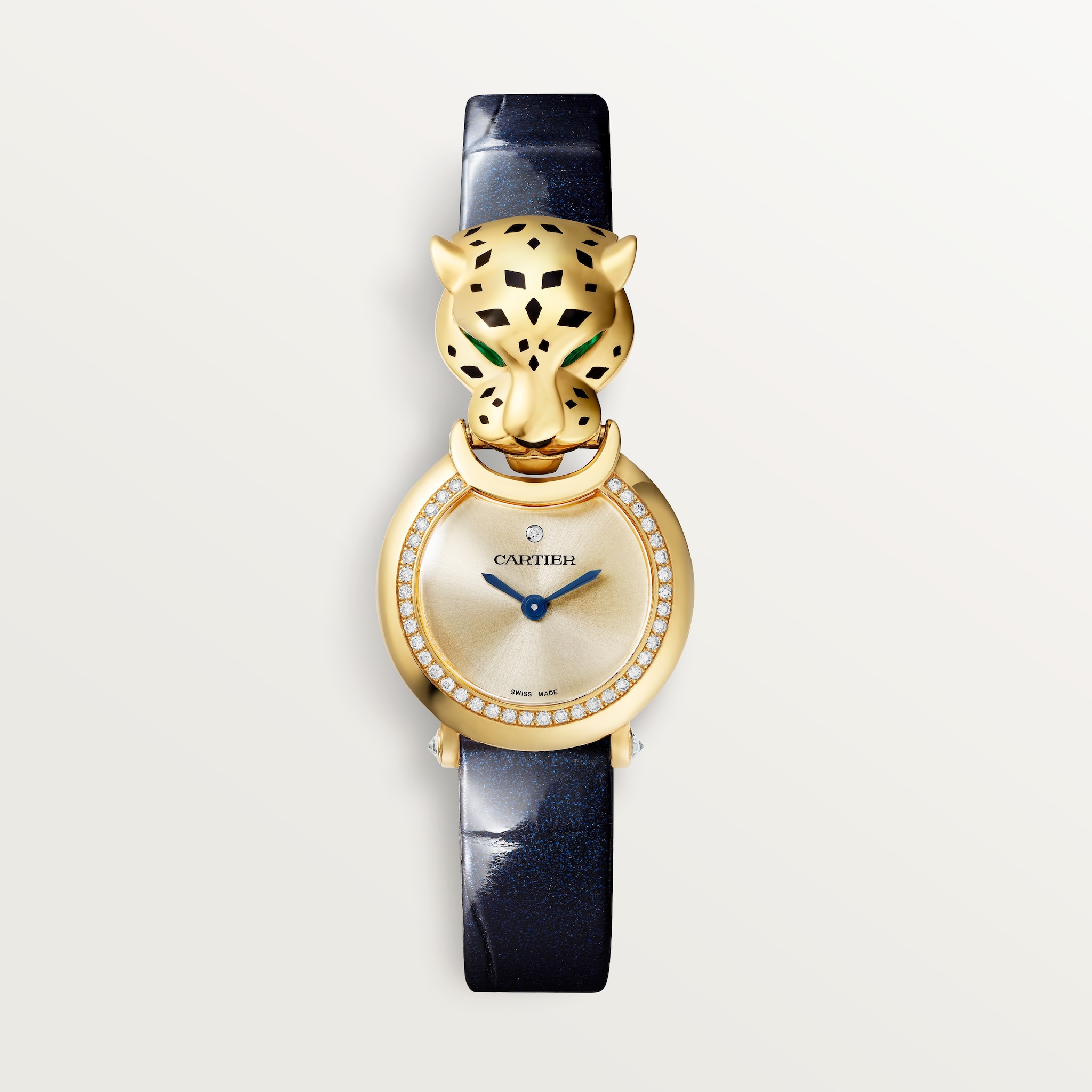 La Panthère de Cartier WatchSmall model, quartz movement, yellow gold, diamonds, tsavorites, lacquer, leather