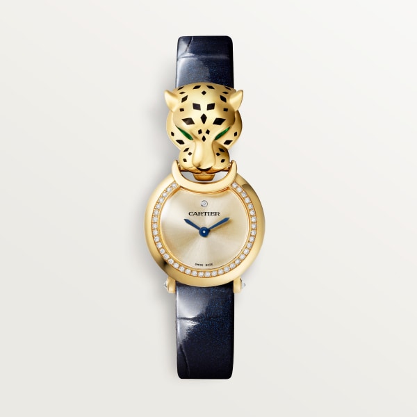 La Panthère de Cartier Watch Small model, quartz movement, yellow gold, diamonds, tsavorites, lacquer, leather