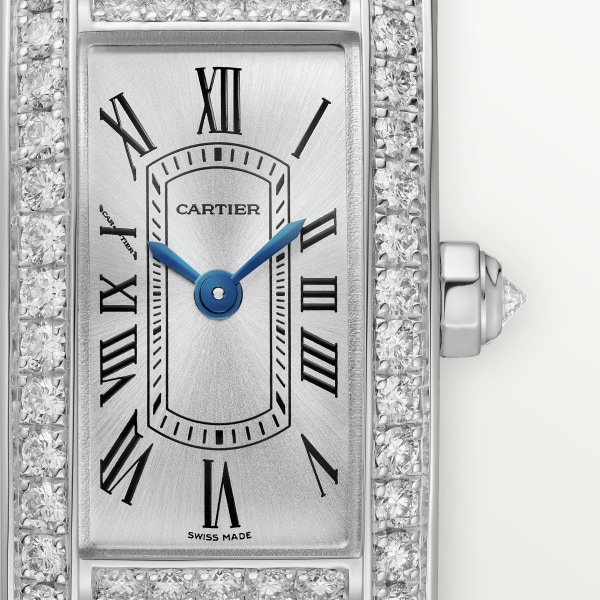 Tank Américaine watch Mini model, quartz movement, white gold, diamonds