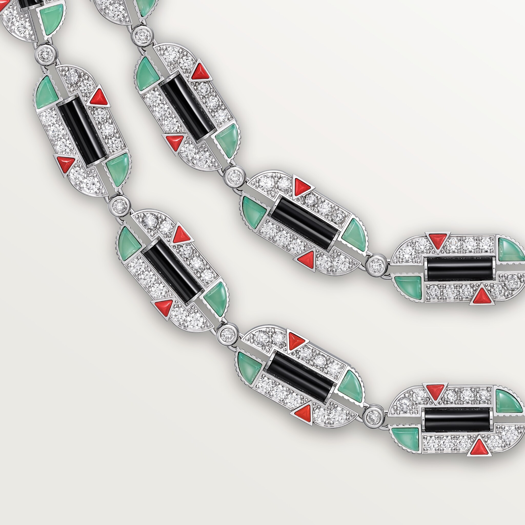 Géométrie & Contrastes necklace, chrysoprase, transformable, pavedWhite gold, chrysoprase, onyx, coral, diamonds