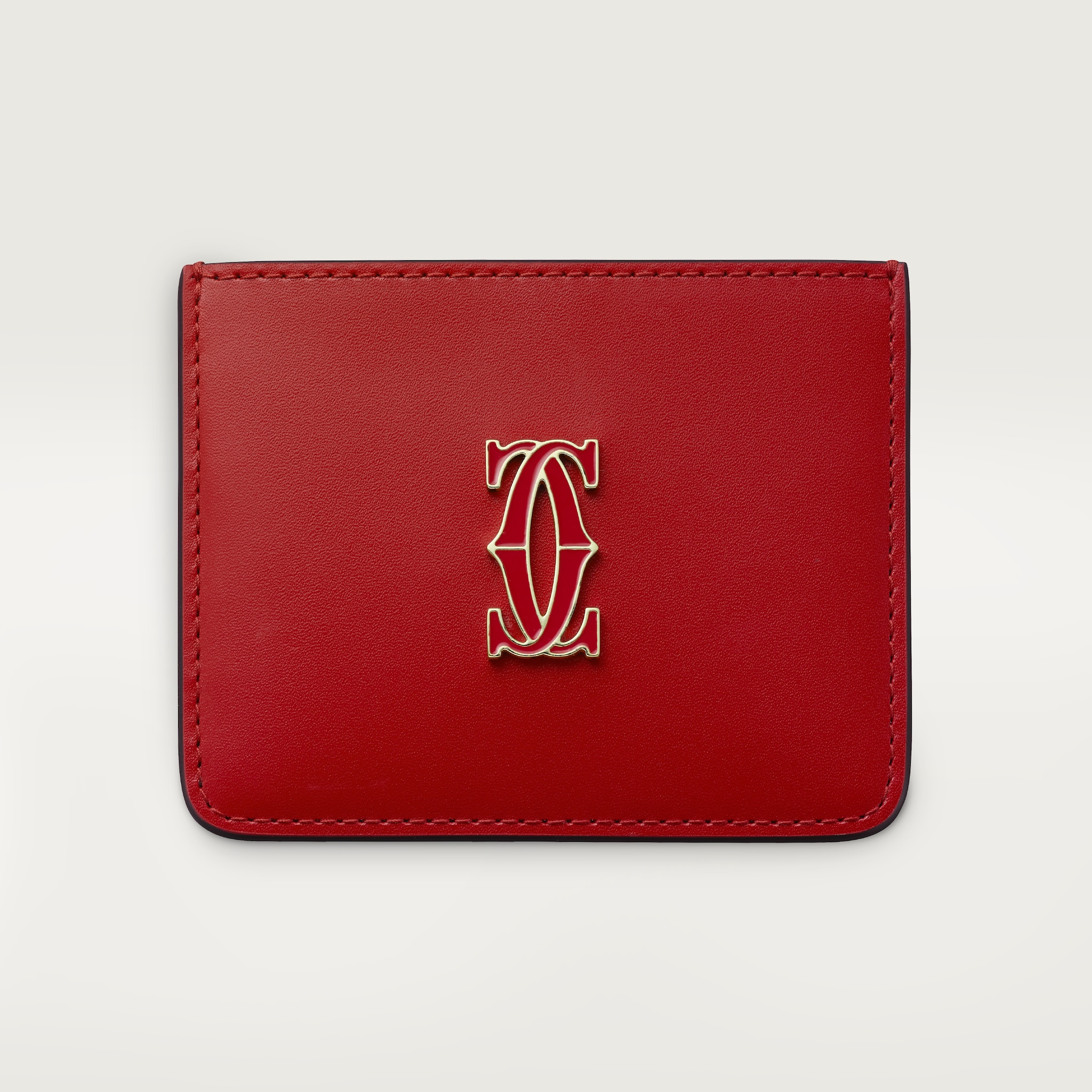 C de Cartier系列小皮具，卡片夹红色小牛皮，镀金装饰，红色珐琅