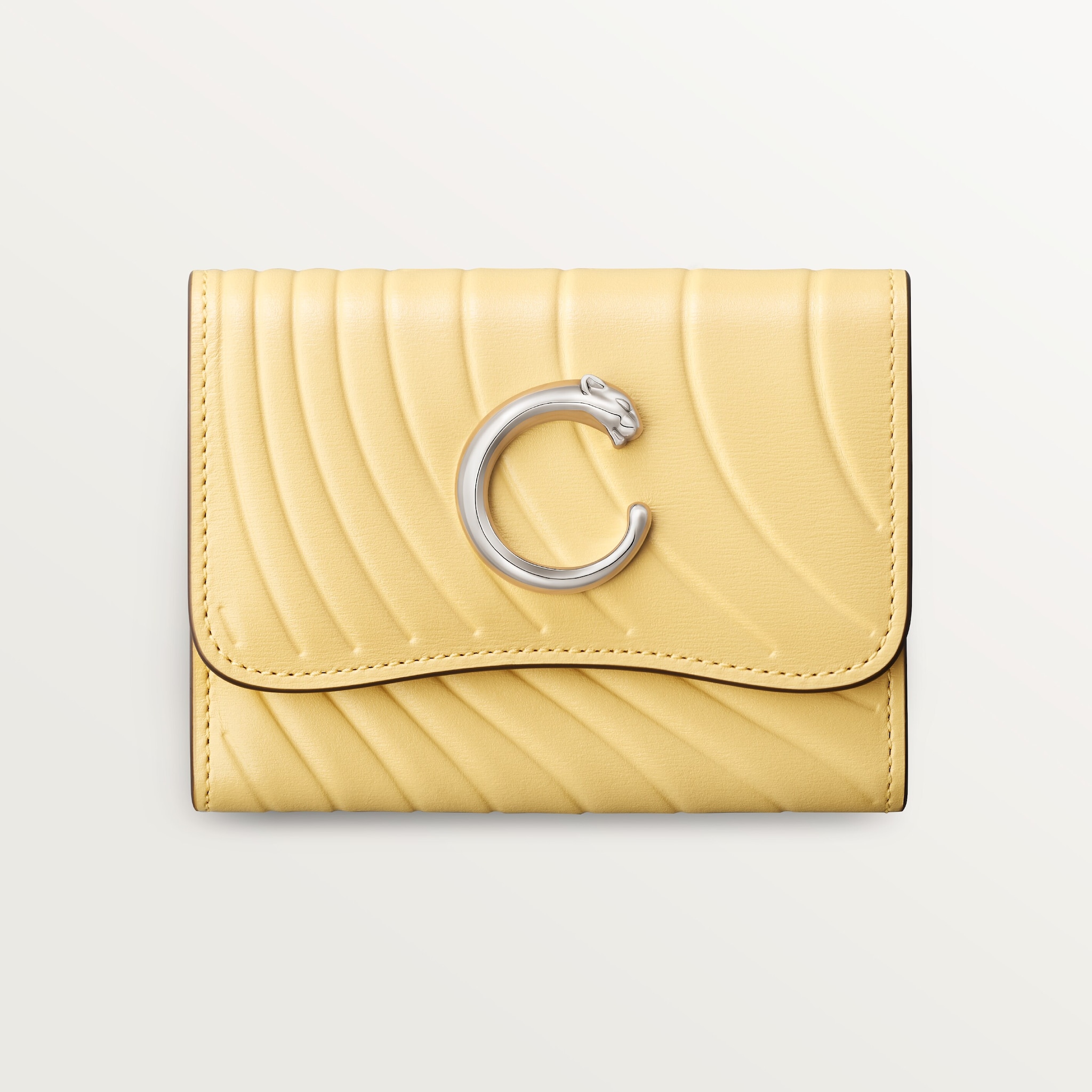 Mini wallet, Panthère C de CartierMimosa yellow calfskin, embossed with Cartier signature motif, palladium finish