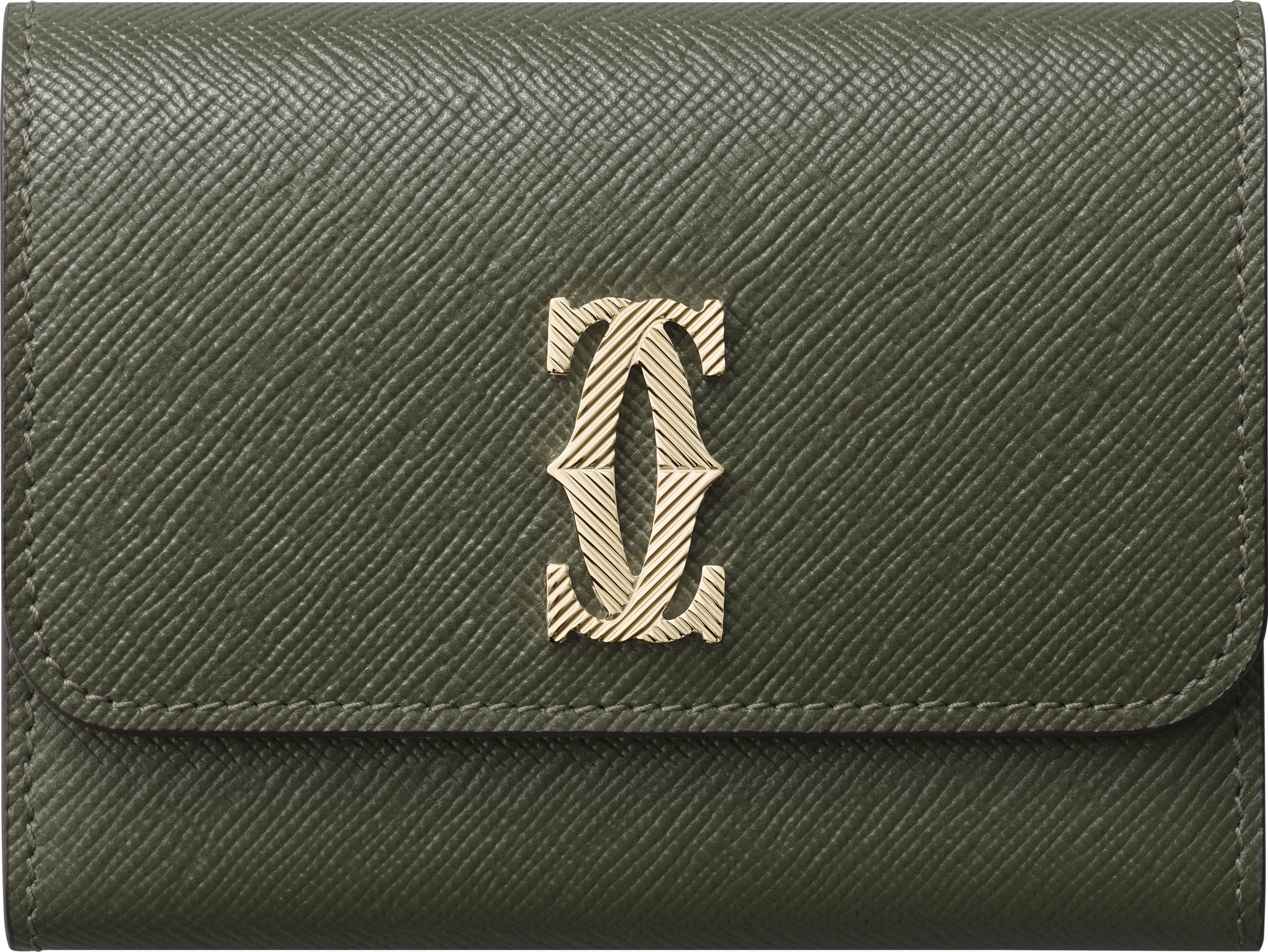 Mini wallet, C de CartierGreen tea calfskin, debossed gadroon motif, golden-finish with gadroon motif