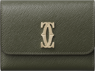 Mini wallet, C de Cartier Green tea calfskin, debossed gadroon motif, golden-finish with gadroon motif